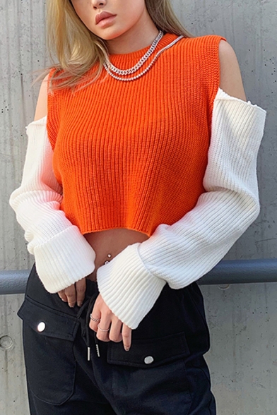 Winter Fashionable Contrast Long Sleeve Cold Shoulder Cropped Chunky Fit Casual Pullover Sweater