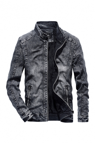Winter Fashionable Stand Collar Long Sleeve Full Zip Slim Fit Black Denim Coat Jacket