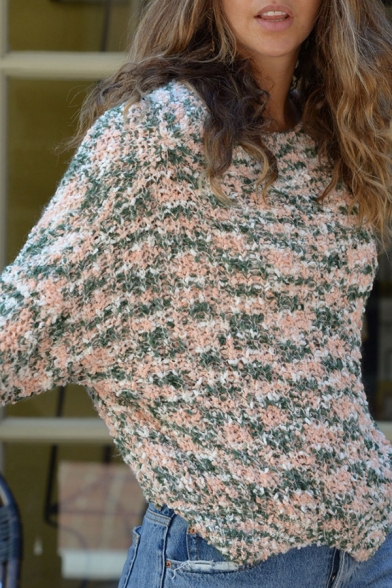 Womens Casual Colorblock Long Sleeve Asymmetric Hem Chunky Knit Light Green Pullover Sweater