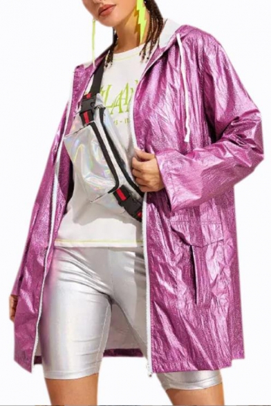 Womens Casual Fluorescent Purple Drawstring Hood Zipper Longline Loose Windbreaker Coat