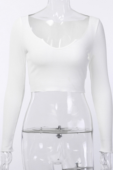 Womens Casual Sexy U-Shaped Neck Long Sleeve Ribbed Knit White Cropped Sweater Top