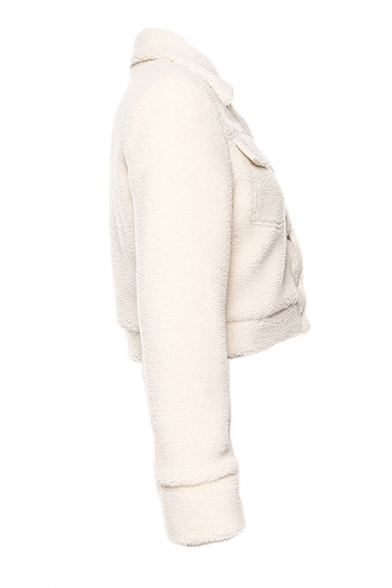 Womens Casual White Lapel Collar Flap Pocket Single Breasted Sherpa Fleece Short Jacket Coat