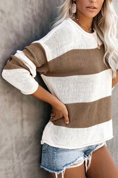 Womens Casual Wide Stripe Round Neck Long Sleeve Loose Fit Knitted Pullover Sweater