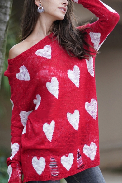 Womens Chic Allover Heart Pattern Long Sleeve Shredded Detail Red Tunic Pullover Sweater