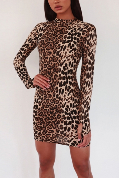 long sleeve leopard bodycon dress