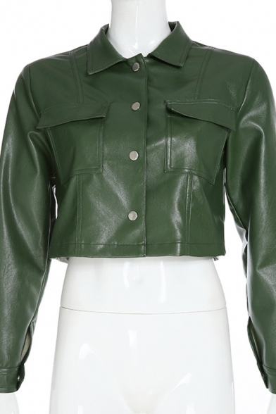 Womens Cool Lapel Collar Single-Breasted Dark Green Faux Leather Cropped Motor Jacket with Flap Pocket