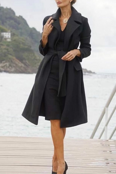 Womens Elegant Black Solid Color Long Sleeve Notched Collar Tied Waist Longline Wool Overcoat Trench Coat
