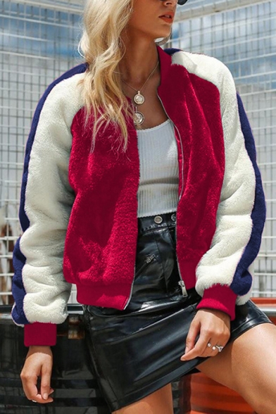 Womens Fashionable Color Blocked Stripe Long Sleeve Zip Up Regular Fit Faux Lambswool Jacket Coat