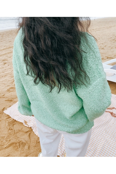 Womens Fashionable Green V-Neck Balloon Long Sleeve Oversized Knitted Pullover Sweater