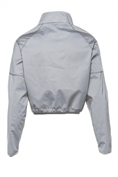 Womens Hot Popular High Collar Long Sleeve Drawstring Hem Gray Reflective Crop Sweatshirt