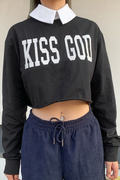 Womens Retro Letter KISS GOD Printed Contrast Collar Long Sleeve Black Cropped Sweatshirt