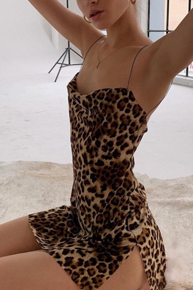 Womens Sexy Brown Leopard Printed Open-Back   Side Slit Mini Strap Dress