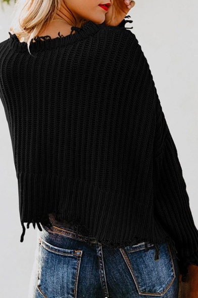 Womens Sexy Deep V Neck Long Sleeve Ripped Raw Cut Edge Loose Fit Plain Pullover Sweater