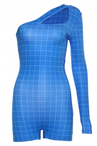 Womens Sexy Plain Grid Pattern One Shoulder Long Sleeve Cutout Front Bodycon Rompers