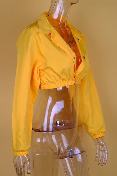 Womens Sexy Solid Yellow Button Fly Long Sleeve Elastic Cuff Casual Cropped Jacket