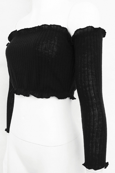 Womens Sexy Stringy Selvedge Detail Off the Shoulder Long Sleeve Cropped Fitted Knit Sweater Top