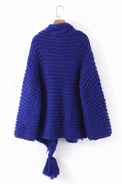 Womens Solid Designer Long Sleeve Braided Tassel Open Front Longline Chunky Knit Cardigan Coat