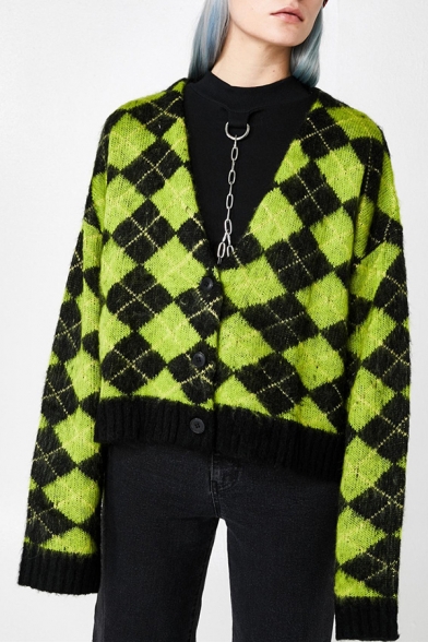 Womens Stylish Black and Green Argyle Printed Long Sleeve Button Fly Loose Plush Knitwear Cardigan Coat