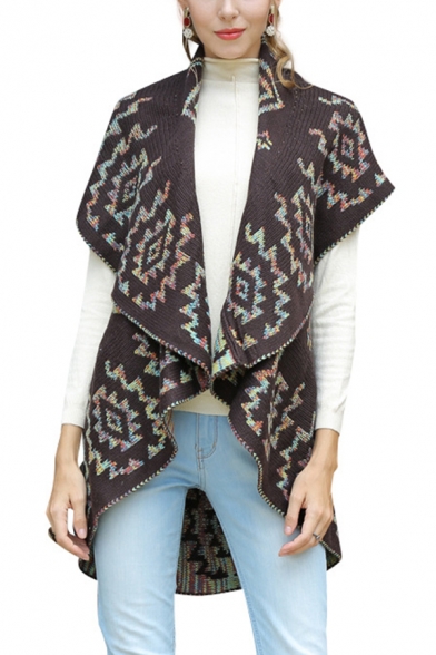 Womens Stylish Colorful Geometric Printed Wide Lapel Open Front Coffee Knitted Tunic Shawl Vest Coat