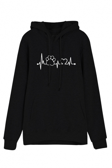 Womens Stylish Footprint Heartbeat Printed Long Sleeve Thick Pullover Hoodie