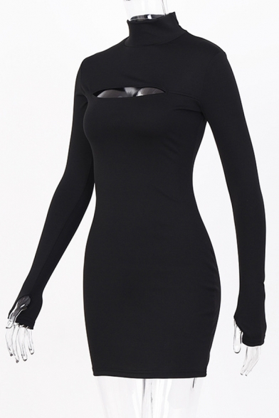 Womens Stylish Plain Gloves Long Sleeve High Collar Cutout Front Mini Tight Dress