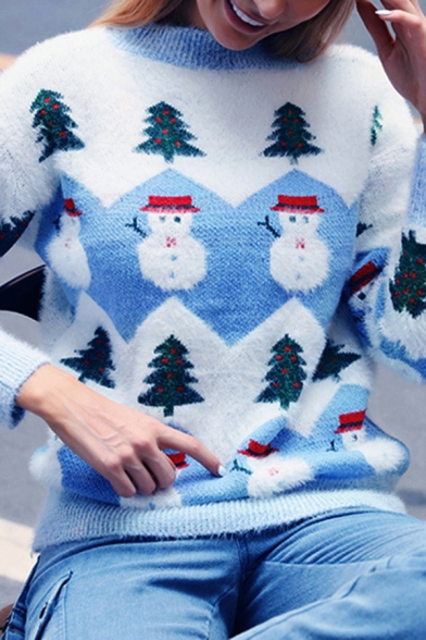 Blue Regular Christmas Tree and Snowman Printed Long Sleeve Cozy Faux Mink Knitted Pullover Sweater for Women