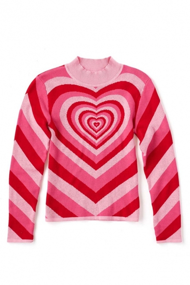 Exclusive Heart Printed Long Sleeve Mock Neck Pink Casual Pullover Sweater Knitwear