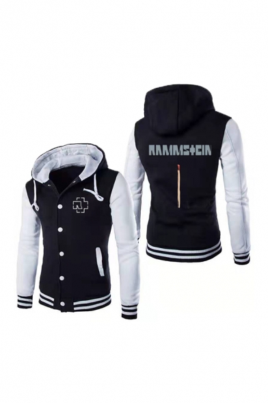 Fashionable Letter Printed Single Breasted Rib Cuffs Colorblock Long Sleeve Drawstring Hoodie