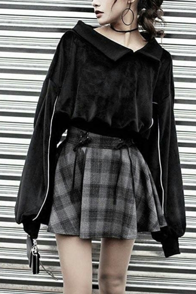 Girls Fashion Lapel Collar Stripe Decorated Long Sleeve Black Pleuche Sweatshirt