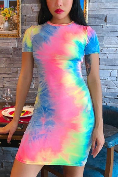 Girls Stylish Colorful Dye Tie Short Sleeve Crewneck Slim Fit Mini T-Shirt Dress
