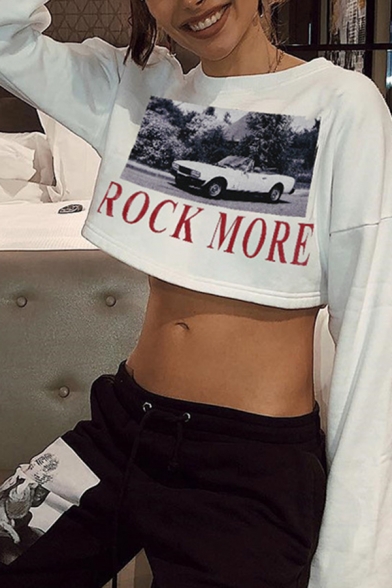Hot Popular Letter ROCK MORE Car Printed Long Sleeve White Loose Cropped Sweatshirt