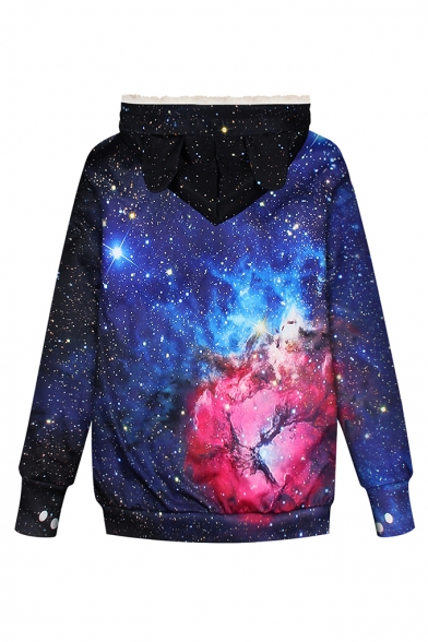 Hot Popular Starry Sky 3D Galaxy Printed Cat Claw Long Sleeve Casual Pompom Drawstring Hoodie