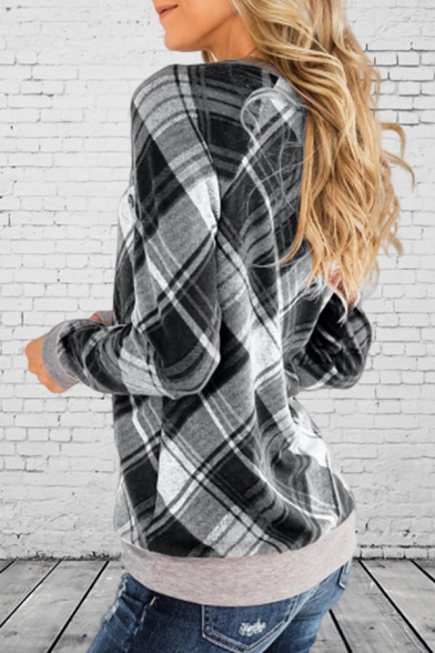 Ladies New Fashionable Checked Pattern Contrast Trim Long Sleeve Casual Pullover Sweatshirt