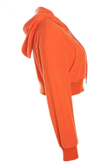 Ladies Simple Orange Solid Color Long Sleeve Zip Up Plush Cropped Hoodie