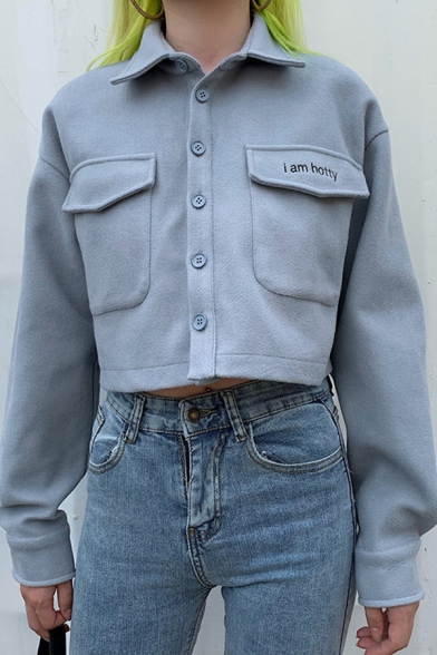 Ladies Simple Plain Light Blue I AM HOTTY Printed Flap Pocket Long Sleeve Cropped Jacket Wool Coat