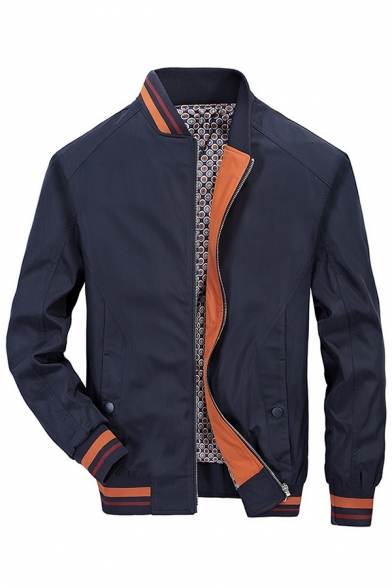 Mens New Trendy Dark Blue Long Sleeve Zip Placket Contrast Trim Casual Baseball Jacket