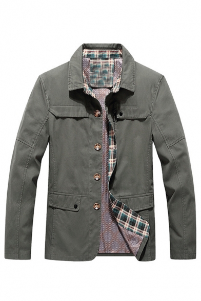 Mens Popular Army Green Lapel Long Sleeve Button Down Casual Shirt Jacket