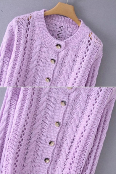 New Arrival Light Purple Open-Knit Long Sleeve Button Down Oversized Sweater Cardigan