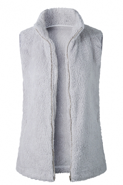New Fashion Plain Lapel Collar Sleeveless Zip Up Faux Fur Slim Fit Vest