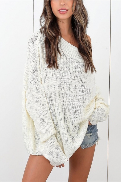 New Fashionable Off the Shoulder Long Sleeve Loose Fit Whole Colored Pullover Sweater