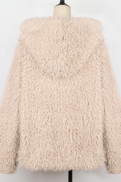 New Stylish Plain Long Sleeve Faux Fur Teddy Short Coat with Hood for Women