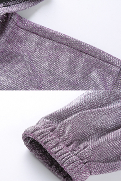 Plain Purple Glisten Long Sleeve Elastic Hem Cropped Drawstring Hoodie