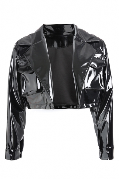 Punk Style Black Cool Metallic PU Leather Notched Lapel Collar Long Sleeve Cropped Biker Jacket