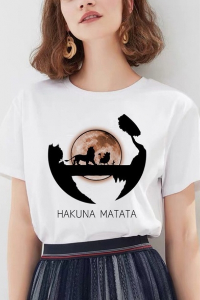 Simple Letter HAKUNA MATATA Printed Short Sleeve White Casual Loose T-Shirt Top