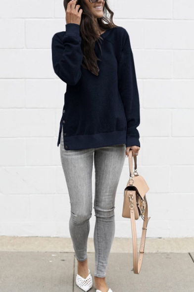 Simple Plain Round Neck Long Sleeve Side Split Button Embellished Casual Pullover Sweatshirt