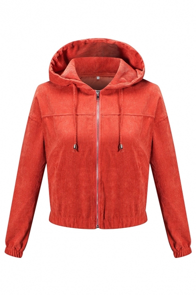 Simple Women Plain Orange Long Sleeve Full Zip Corduroy Cropped Hooded Coat Jacket