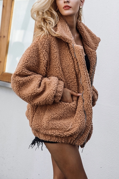 zip up fluffy faux fur winter coat