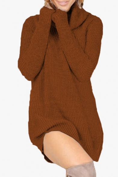 Womens Chic Plain High Neck Long Sleeve Ribbed Knit Longline Sweater Dress