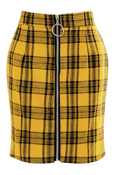 Womens Classic Plaid Printed High-Waisted Zip Front Mini Bodycon Skirt
