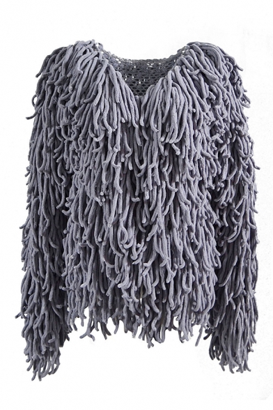 Womens Designer Long Sleeve Open Front Faux Fur Unique Tassels Coat